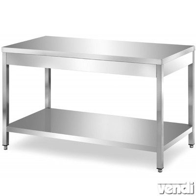 Rozsdamentes asztal alsó polccal, lapraszerelt, 800x600x850mm