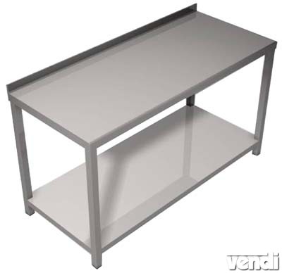 Előkészítő asztal rozsdamentes acélból, alsó polccal, hátsó felhajtással, 150x65cm