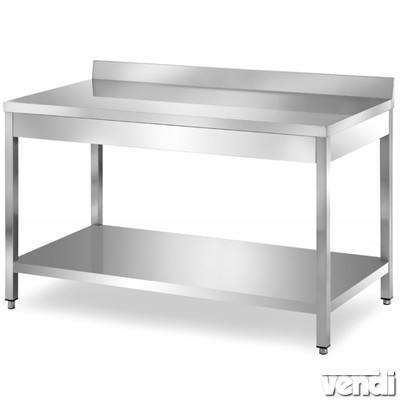 Rozsdamentes asztal alsó polccal, hátsó felhajtással, lapraszerelt, 1800x700x850mm