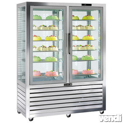 Süteményes hűtő vitrin, négy oldalon üvegezett, fix és forgó polcok, 848L 