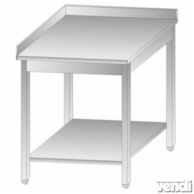 Rozsdamentes asztal BAL sarokelem alsó polccal, hátsó felhajtással, lapraszerelt, 600x600x850mm