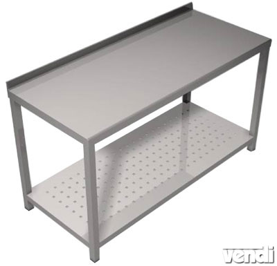 Előkészítő asztal rozsdamentes acélból, alsó csepegtető polccal, hátsó felhajtással, 150x65cm