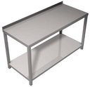 Előkészítő asztal rozsdamentes acélból, alsó polccal, hátsó felhajtással, 210x65cm