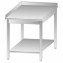 Rozsdamentes asztal BAL sarokelem alsó polccal, hátsó felhajtással, lapraszerelt, 600x600x850mm