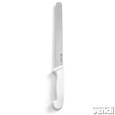 Kenyérvágó - szeletelő kés, recés, 250/385mm, fehér műanyag nyéllel
