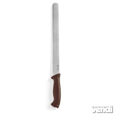 Sonkaszeletelő kés, 350/490mm, barna műanyag nyéllel