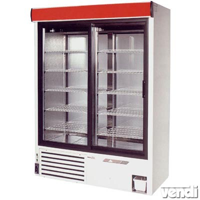 Hűtőszekrény toló üvegajtóval, elől-hátul üvegezett, alsó aggregátoros, ventilációs hűtéssel, 1109L