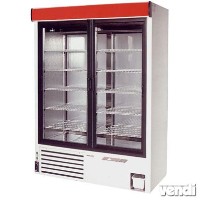 Hűtőszekrény nyíló üvegajtóval, elől-hátul üvegezett, alsó aggregátoros, ventilációs hűtéssel, 966L