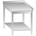 Rozsdamentes asztal JOBB sarokelem alsó polccal, hátsó felhajtással, lapraszerelt, 600x600x850mm