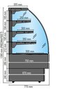 Hajlított üveges ventilációs hűtésű süteményespult 1504x770x1395 mm